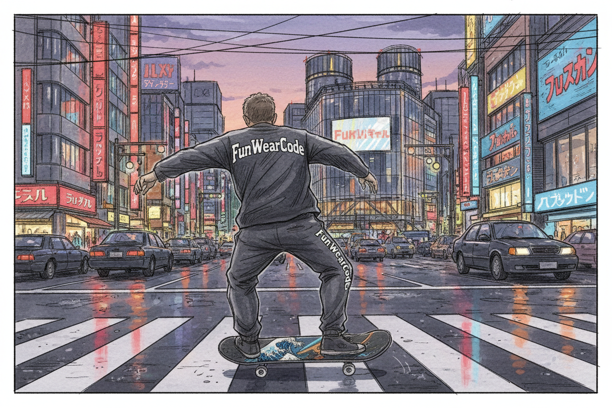 Hand-drawing of a man wearing long sleeve shirts and sweatpants with the text logo "FunWearCode", back to the screen, running on ski board across the street in Tokyo.