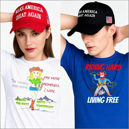 Two people wearing 'Make America Great Again' hats with different shirts featuring humorous cowboy graphics.