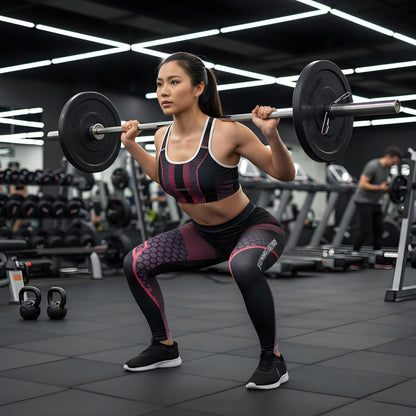 Woman wearing  "Funwearcode" brand logo leggings, lifting weights in a gym setting