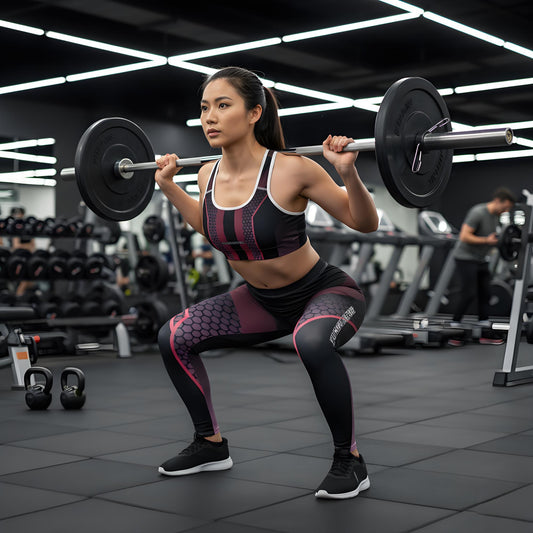 Woman wearing  "Funwearcode" brand logo leggings, lifting weights in a gym setting