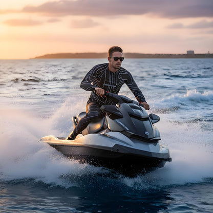 Person wearing an athletic wear with a brand logo 'Funwearcode' riding a jet ski on the water with a sunset in the background