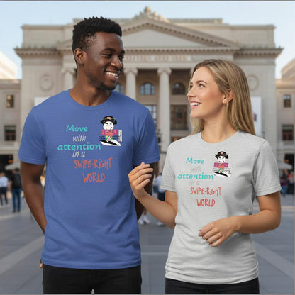 Two people wearing t-shirts with a playful geisha graphic design and humorous message in front of a theater building.
