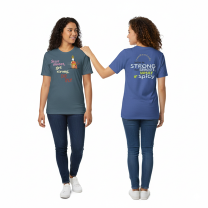 Two views of a person wearing a blue t-shirt with a Thai lady graphic design and colorful humorous text on a white background