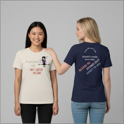 Two people wearing t-shirts with a lady ninja graphic design and text on a gray background