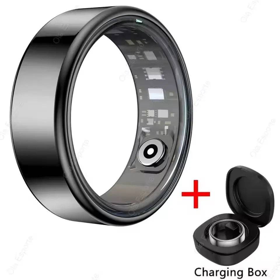 Smart ring with charging box on a white background