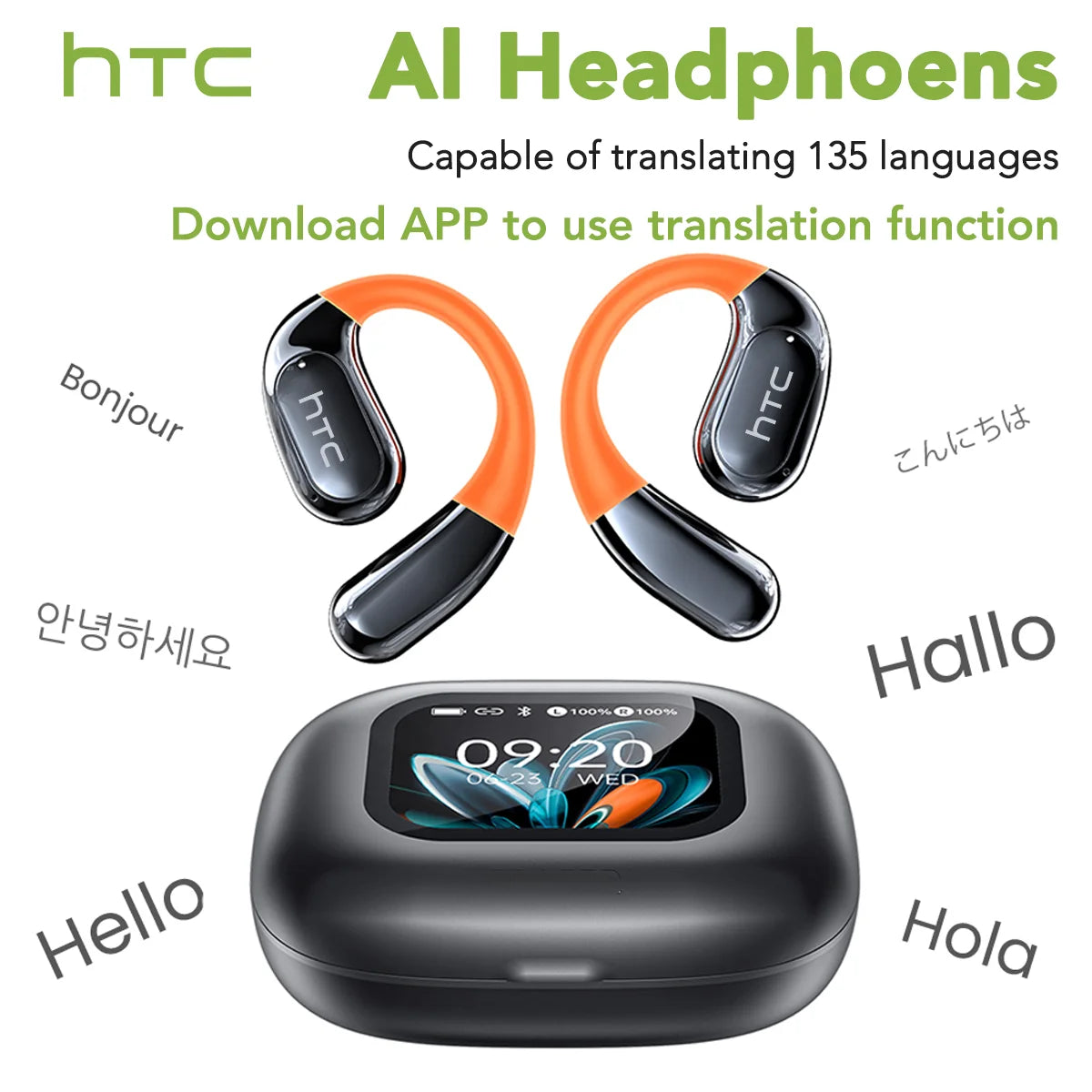 AI Translator Sports Wireless Earbuds - LCD Touch Screen Glowing Earhook | FunWearCode's Selection