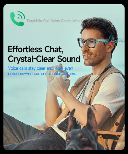 Man with glasses and a dog sitting outdoors, with text about dual-mic call noise cancellation.