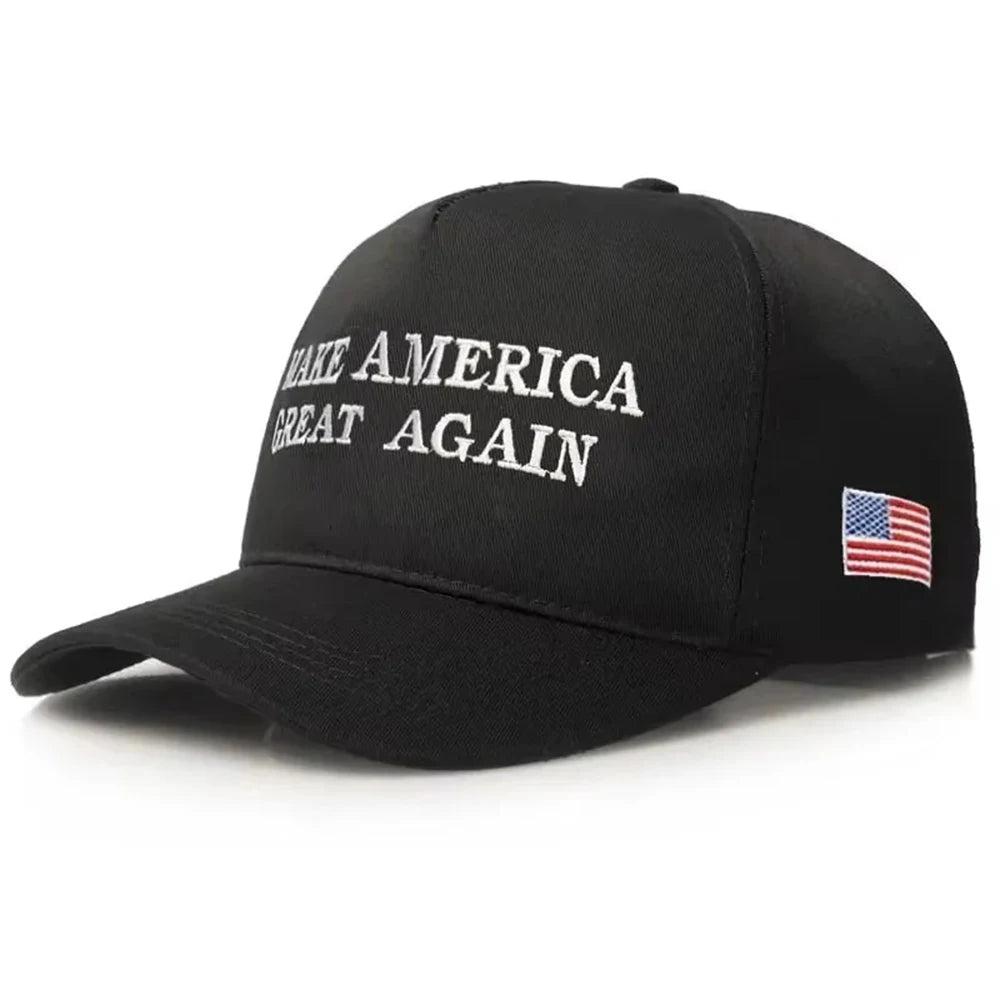 Black cap with 'Make America Great Again' text and American flag on a white background