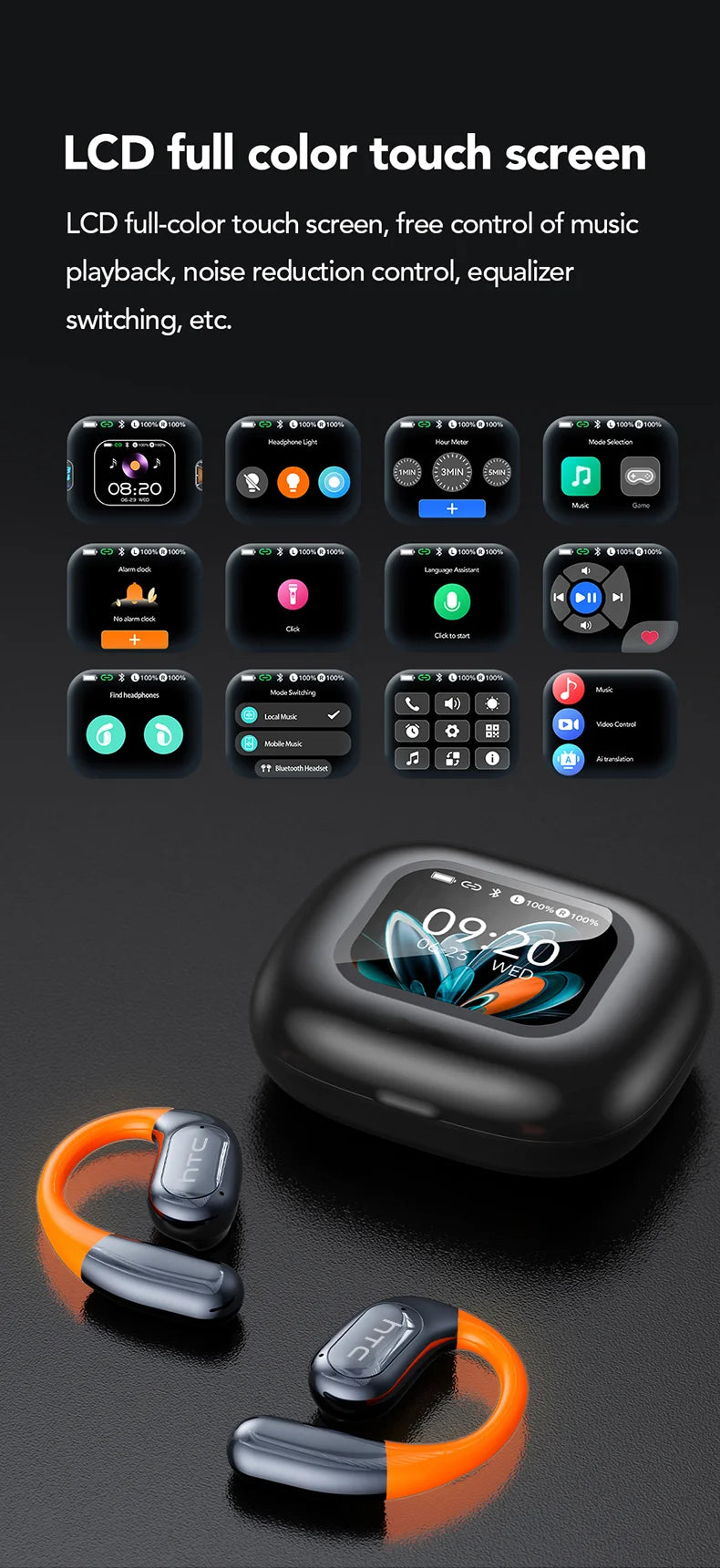 AI Translator Sports Wireless Earbuds - LCD Touch Screen Glowing Earhook | FunWearCode's Selection