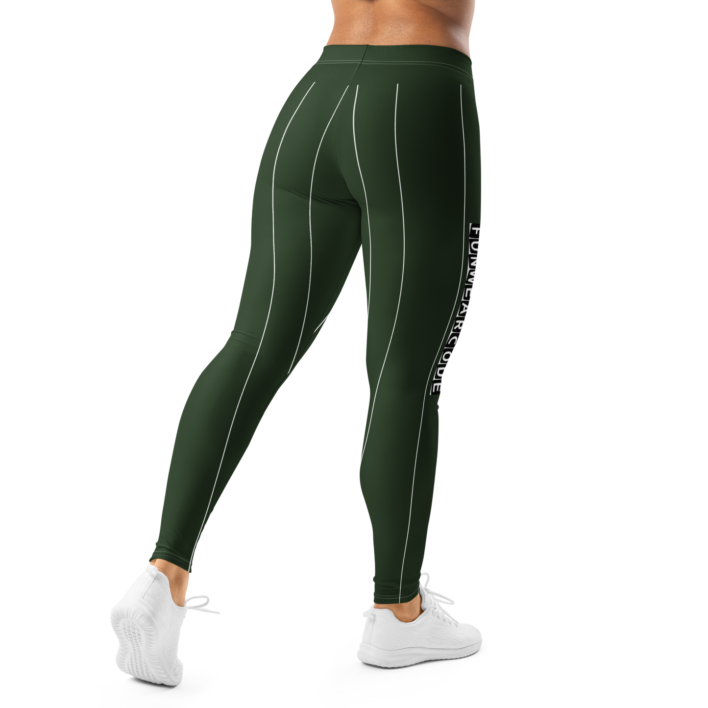Green leggings with white stripes and text 'Funwearcode' on a white background