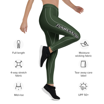 Green leggings with brand logo, featuring text "Funwearcode" on fabric properties.