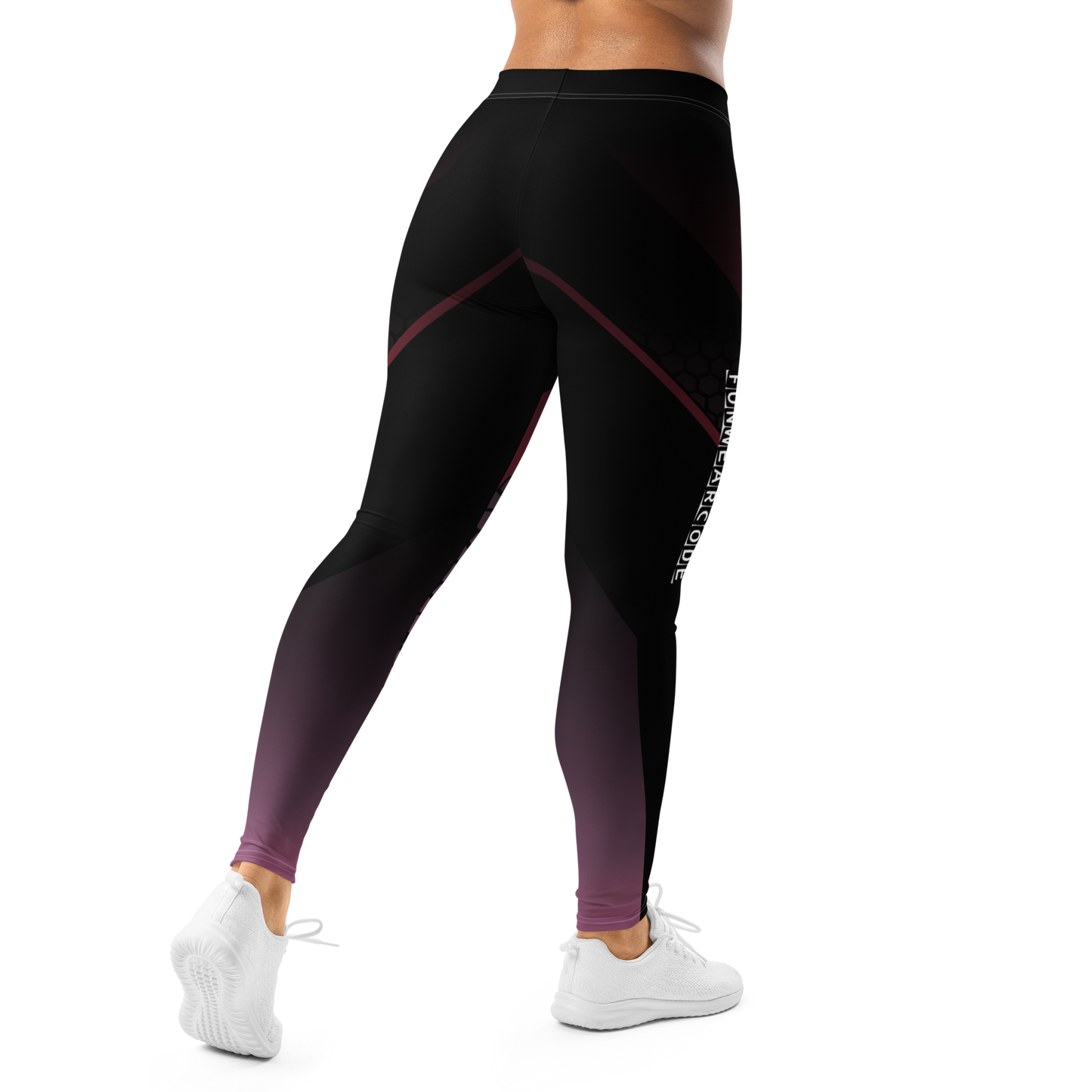 Black and purple leggings with a brand logo on a white background
