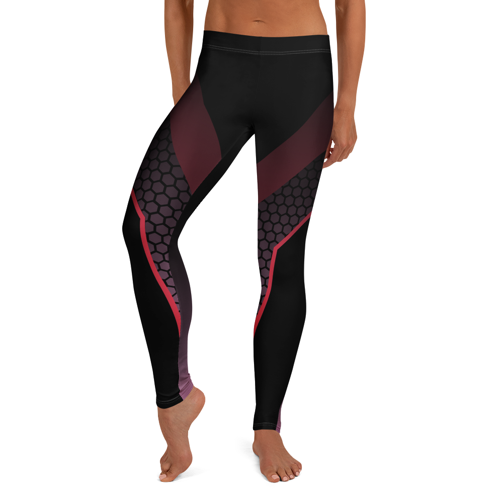 Black and red leggings with geometric pattern on a white background