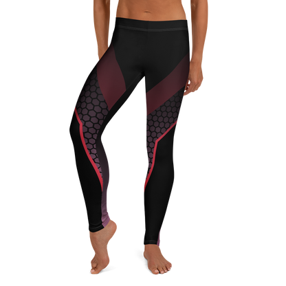 Black and red leggings with geometric pattern on a white background