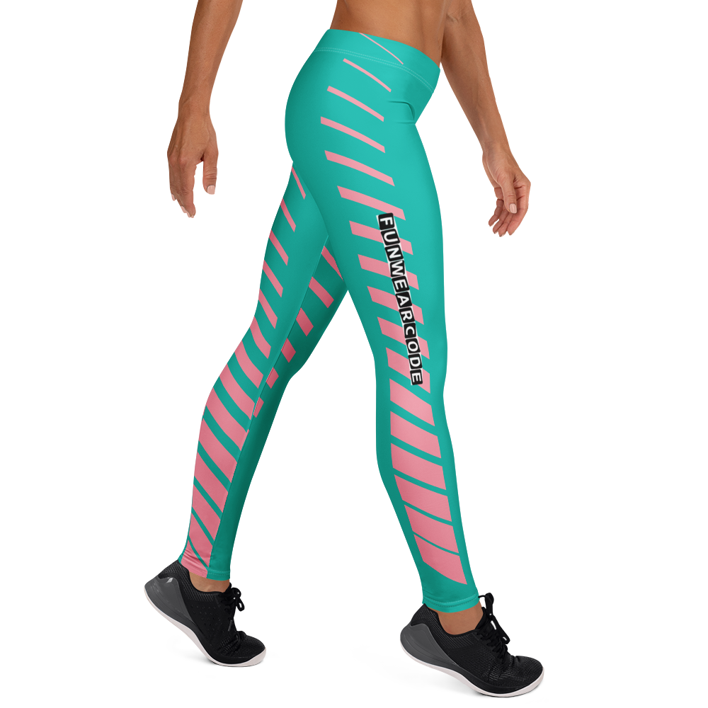 Teal and pink striped leggings with brand logo 'Funwearcode' on a white background