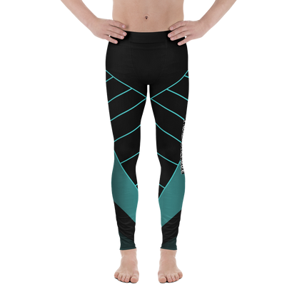 Black and teal patterned leggings worn by a person on a white background