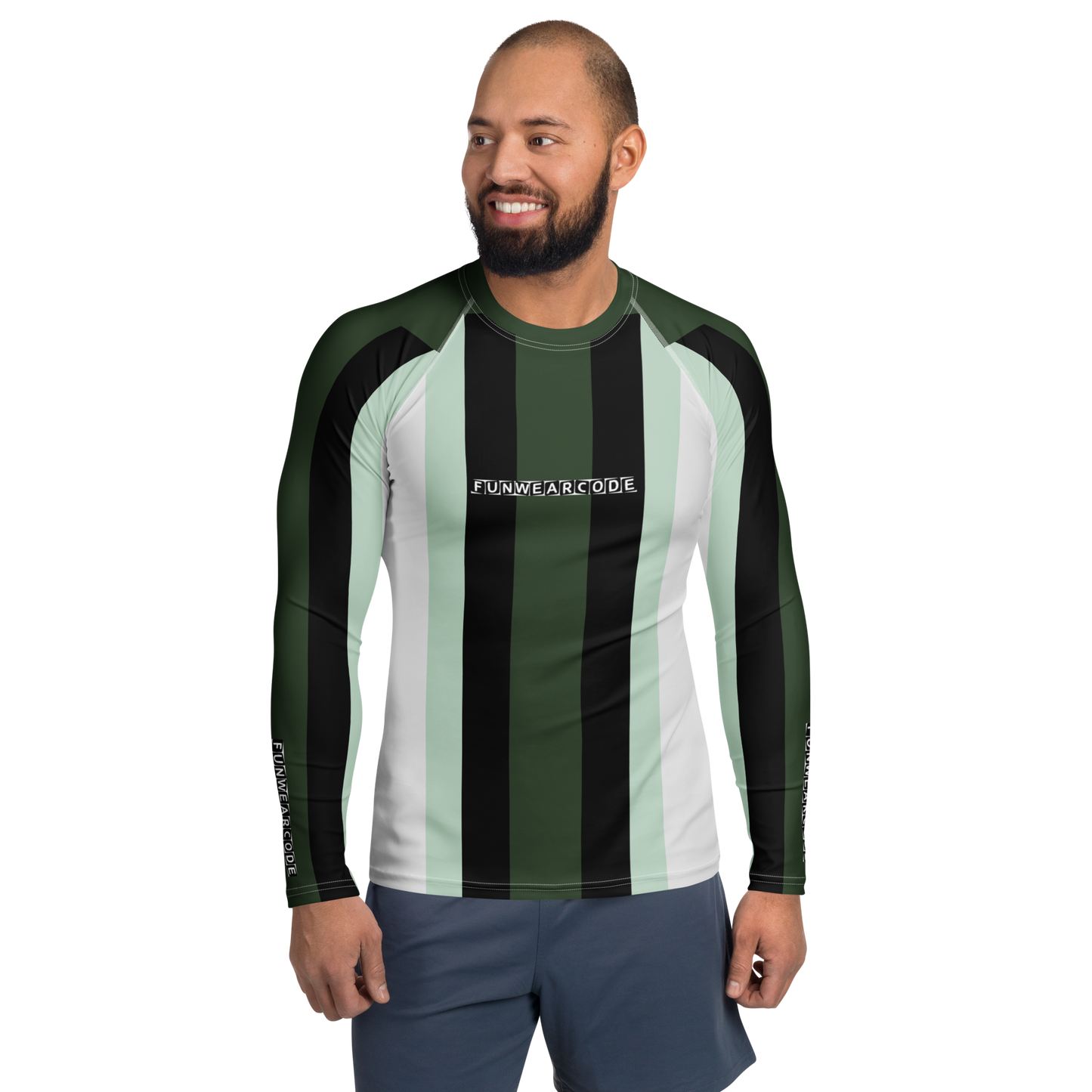 Man wearing a green and black striped long-sleeve shirt with 'Fun Wear Code' branding on a white background.