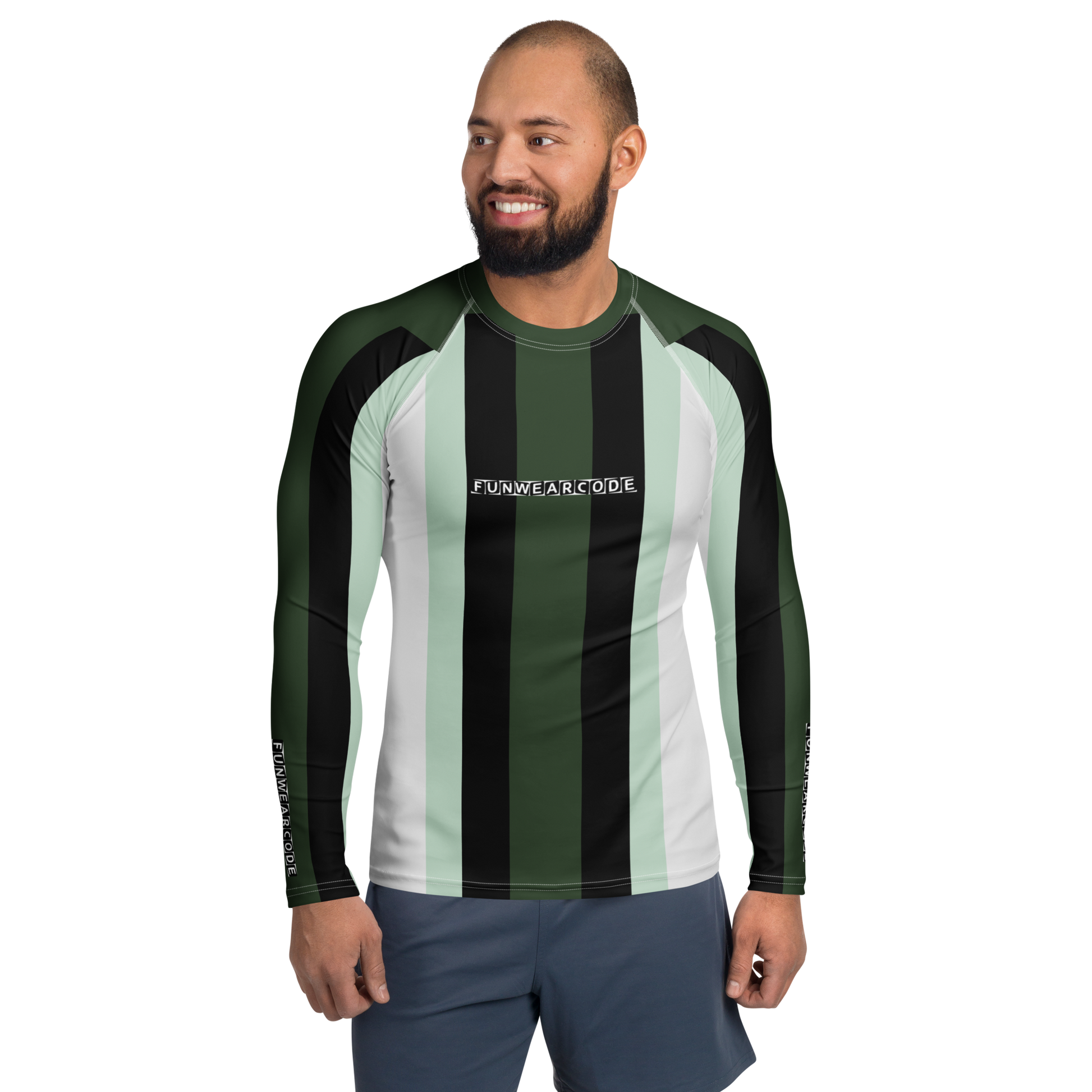 Man wearing a green and black striped long-sleeve shirt with 'Fun Wear Code' branding on a white background.