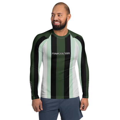 Man wearing a green and black striped long-sleeve shirt with 'Fun Wear Code' branding on a white background.