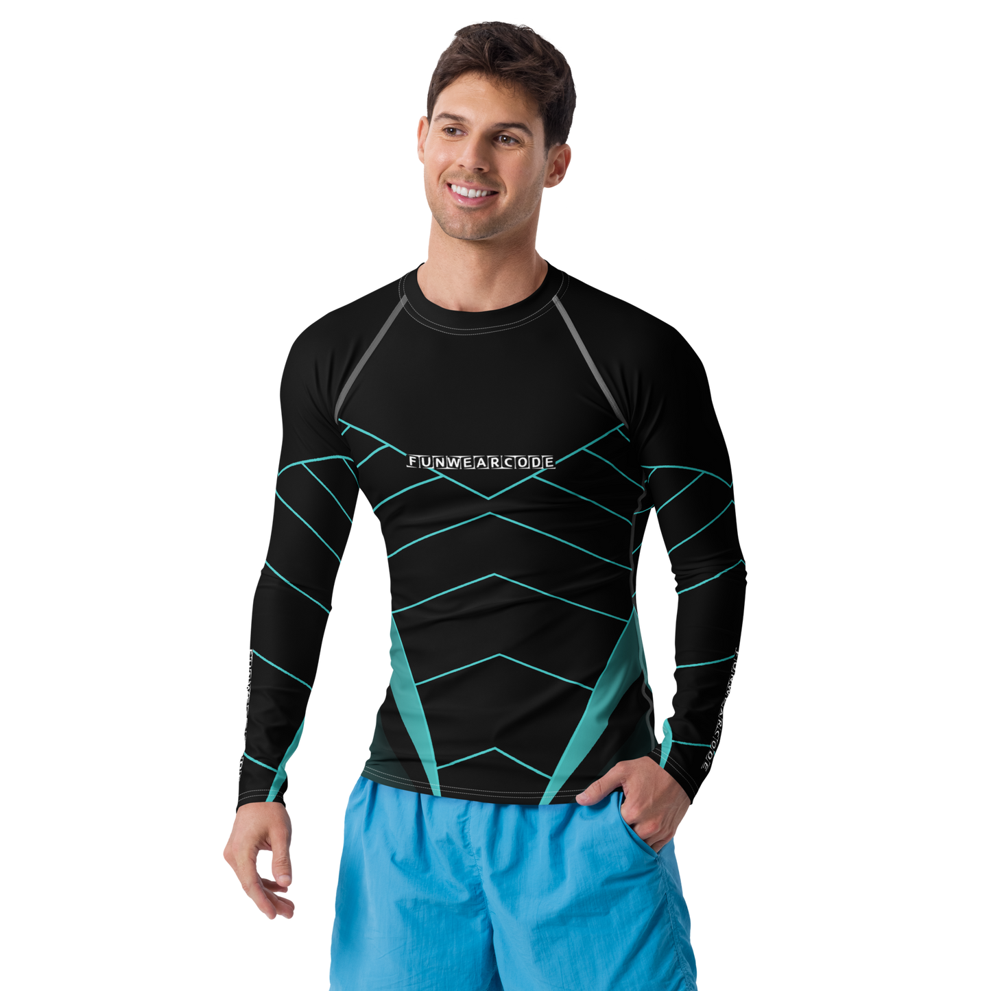 Man wearing a black and teal compression shirt with visible branding "Fun Wear Code" on a white background