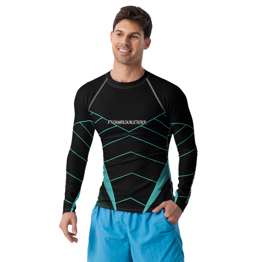 Man wearing a black and teal compression shirt with visible branding "Fun Wear Code" on a white background