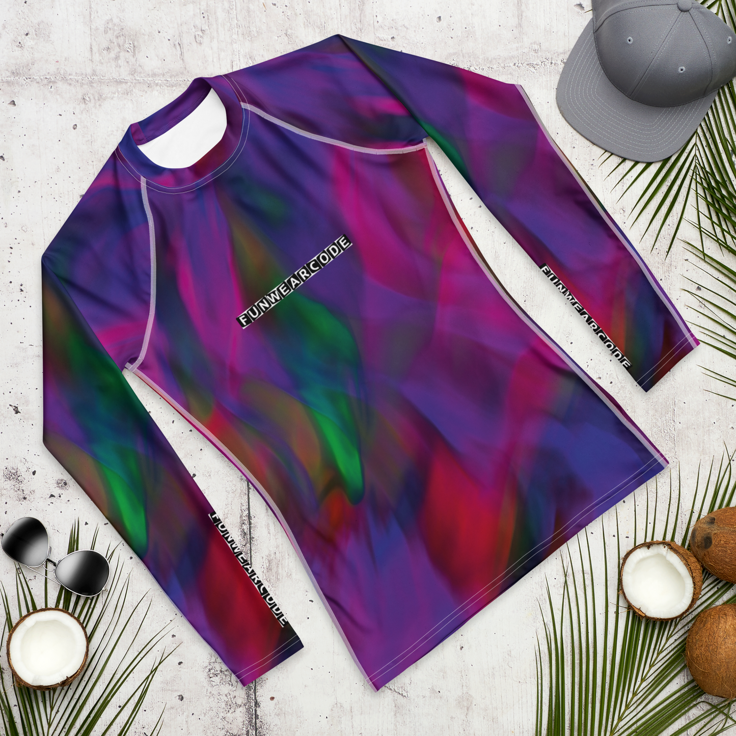 Colorful long-sleeve shirt with 'FUN WEAR CODE' branding on a textured surface with coconuts and sunglasses.