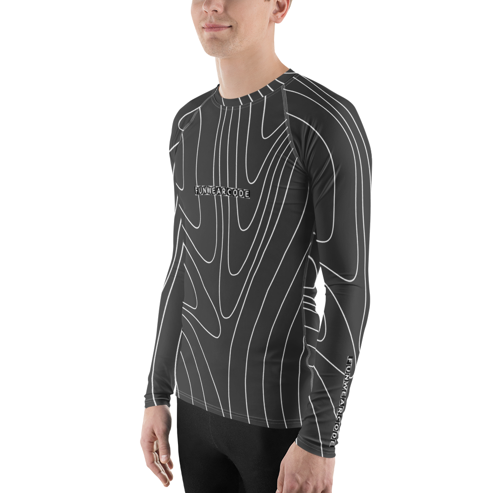 Person wearing a black and white patterned long-sleeve shirt with a brand logo 'Funwearcode' on a white background