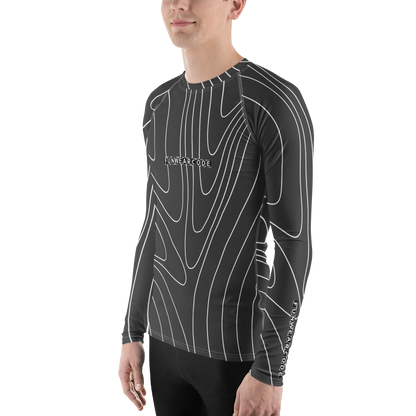 Person wearing a black and white patterned long-sleeve shirt with a brand logo 'Funwearcode' on a white background