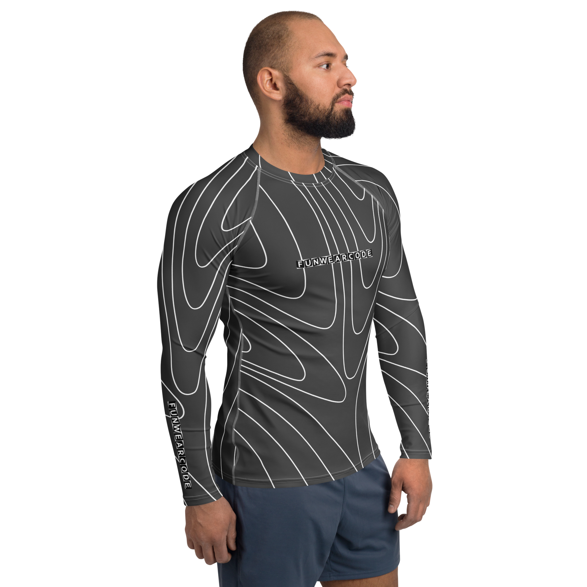 Man wearing a "Fun Wear Code" branded gray long-sleeve athletic shirt with white patterns on a white background