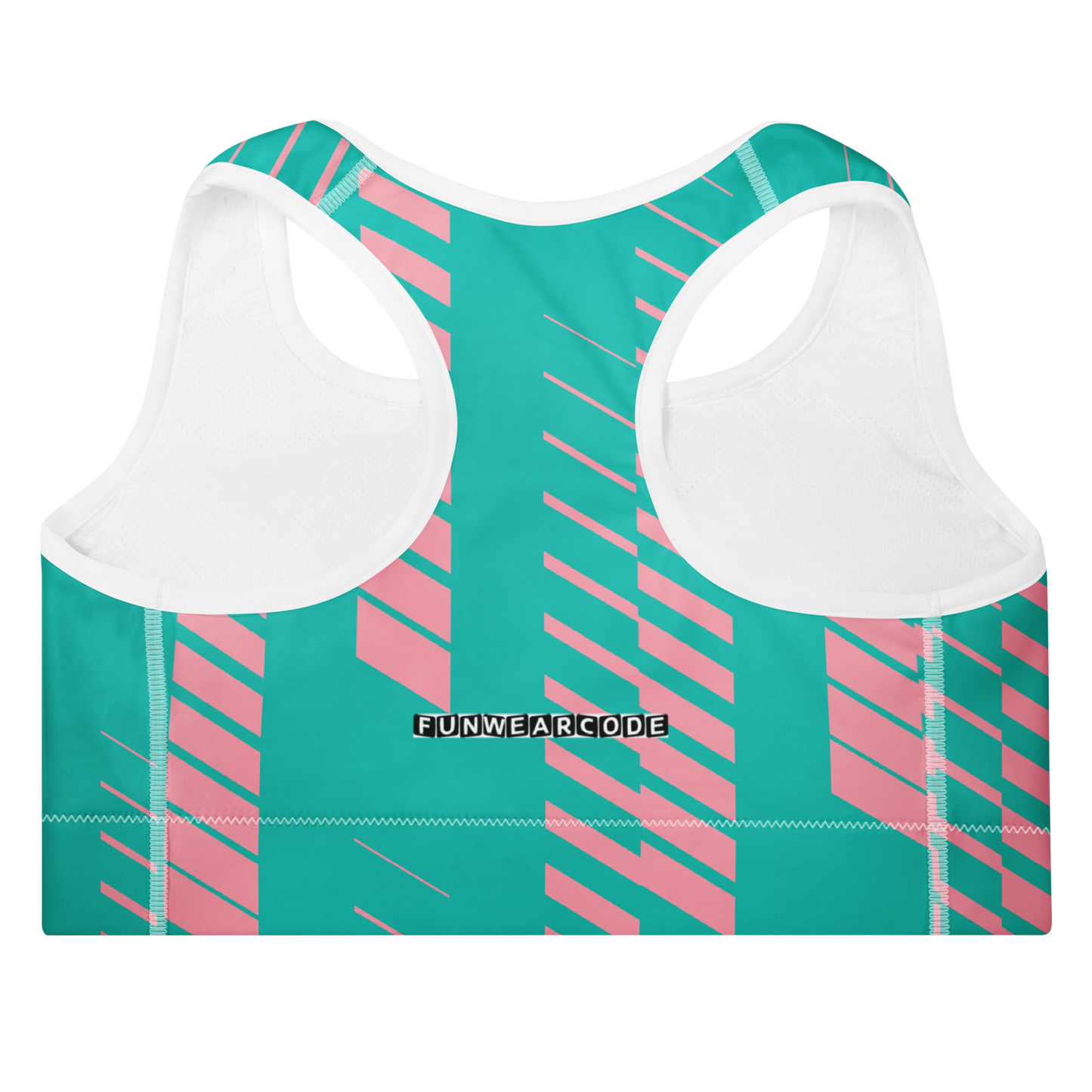 Teal and pink sports bra with white straps on a white background