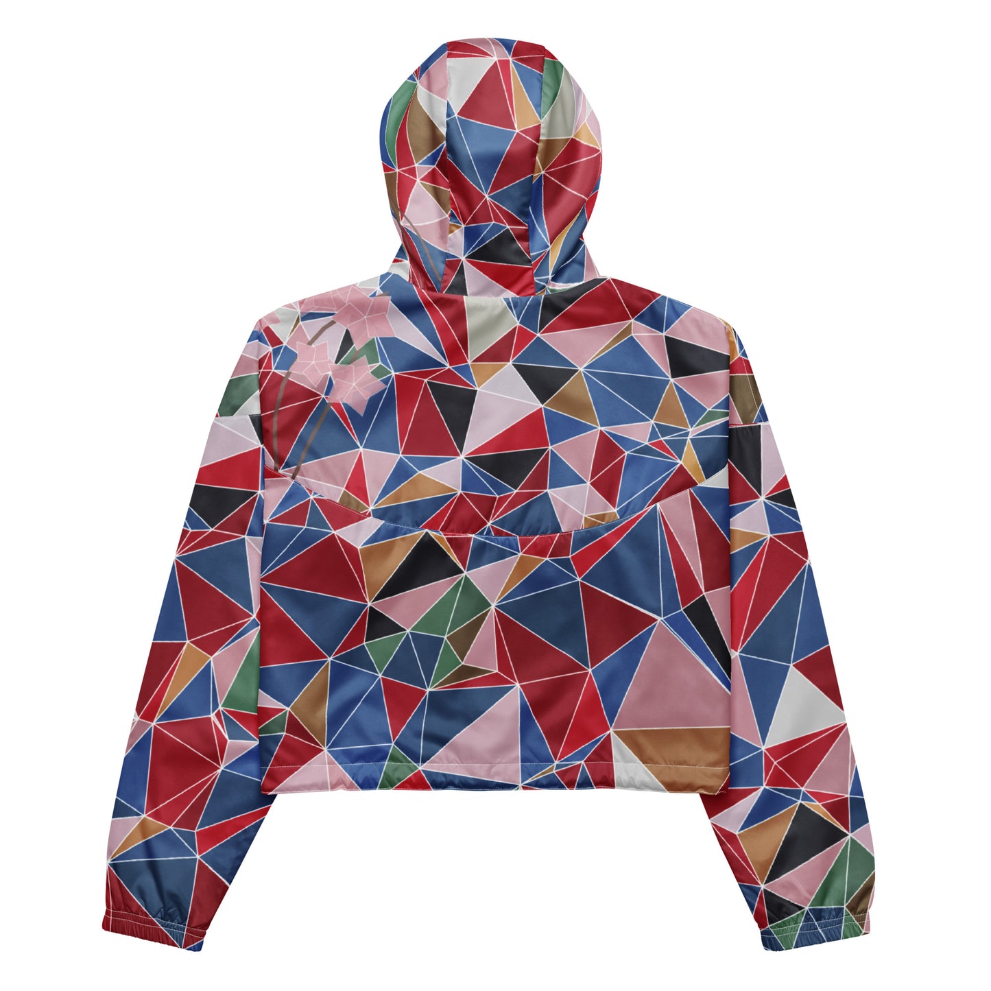 Colorful geometric patterned windbreaker with spring cherry blossom graphic on a white background