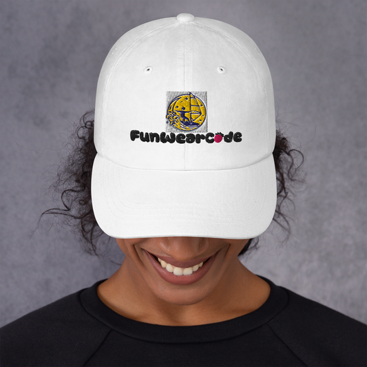 Person wearing a white cap with a "Fun Wear Code" logo and text on a gray background