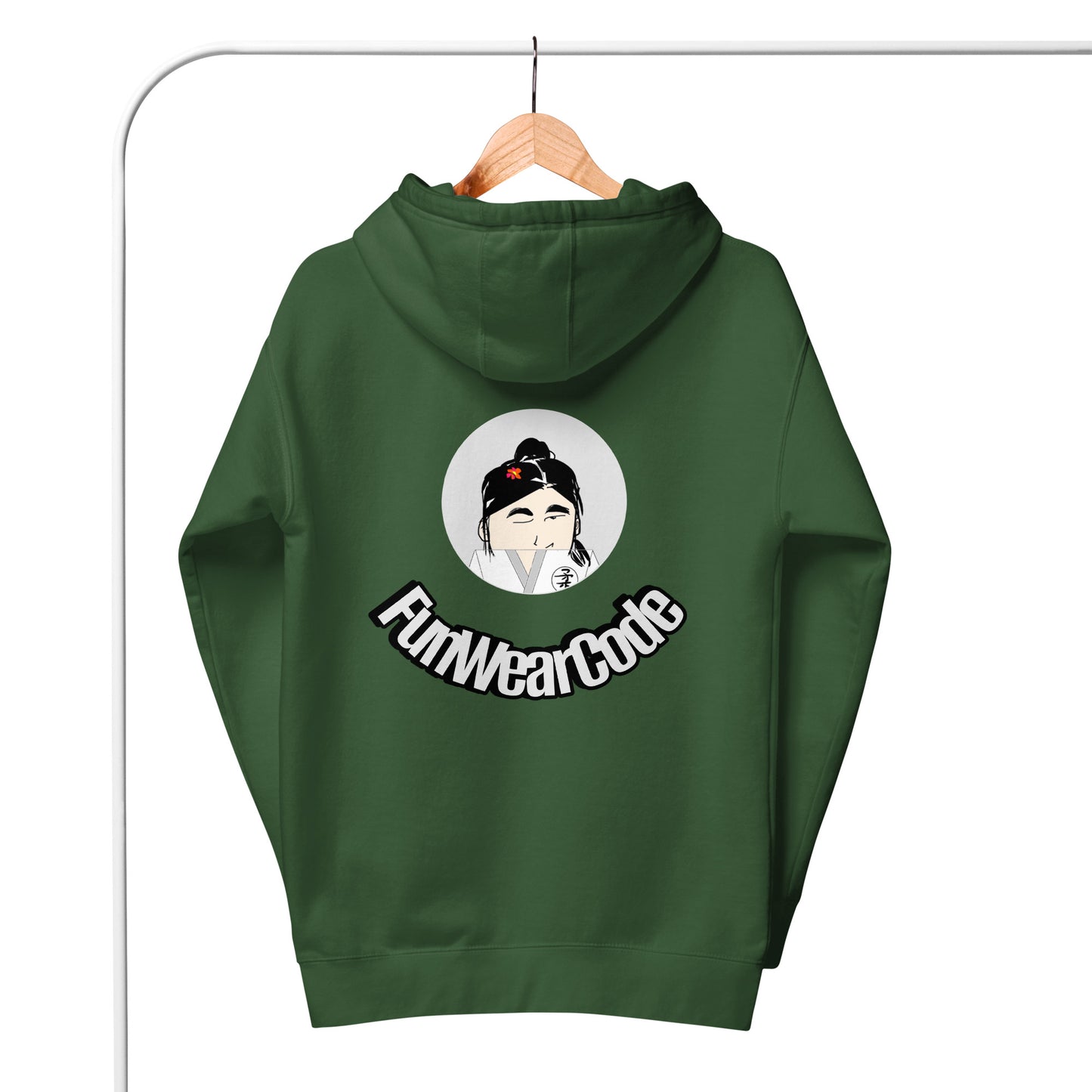 Green hoodie with a 'Fun Wear Code' logo and graphic on the back, hanging on a wooden hanger against a white background.
