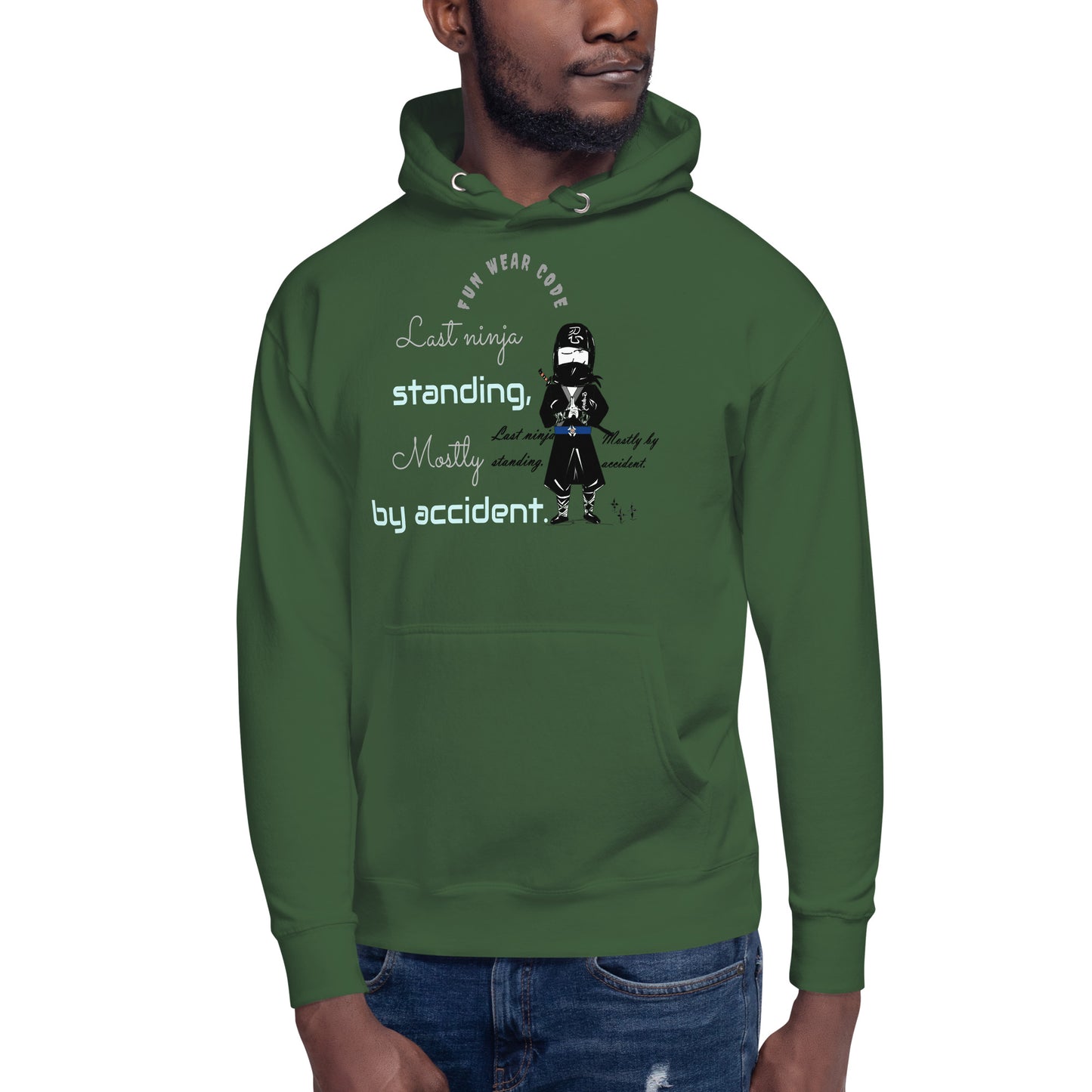 Green hoodie with a graphic design and text on a white background