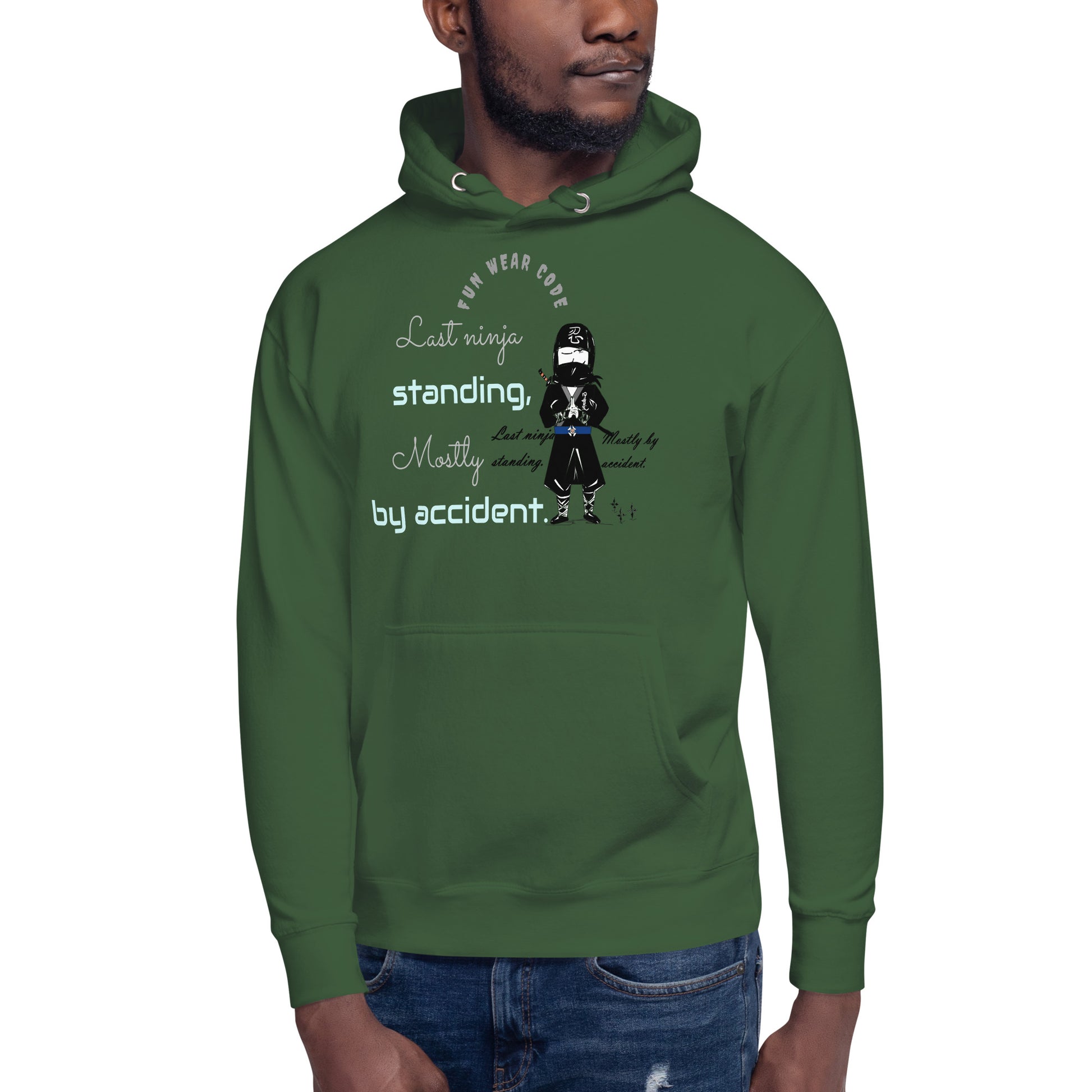 Green hoodie with a graphic design and text on a white background