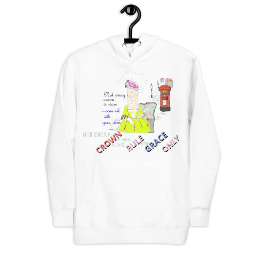 White sweatshirt with colorful vintage English lady graphics and text on a hanger against a white background