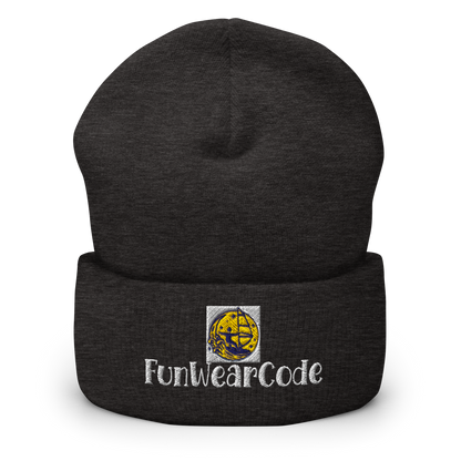 Black beanie with FunWeareCode logo on a white background