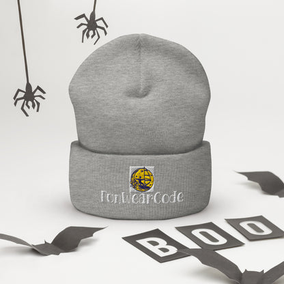 Gray beanie with FunWeardCode logo on a Halloween-themed background with spiders and 'BOO' letters.
