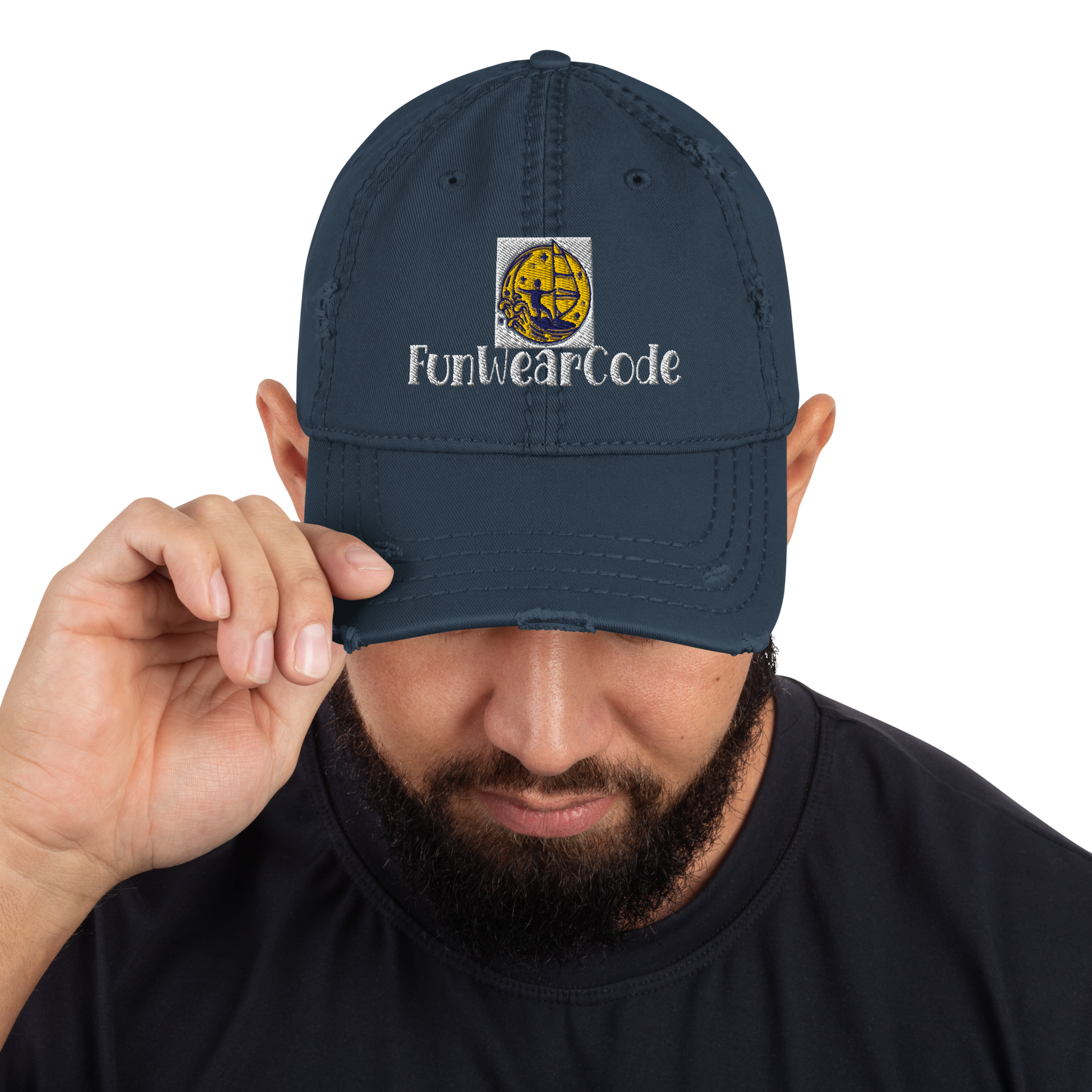 Person wearing a navy blue cap with 'Funwearcode' logo on a white background