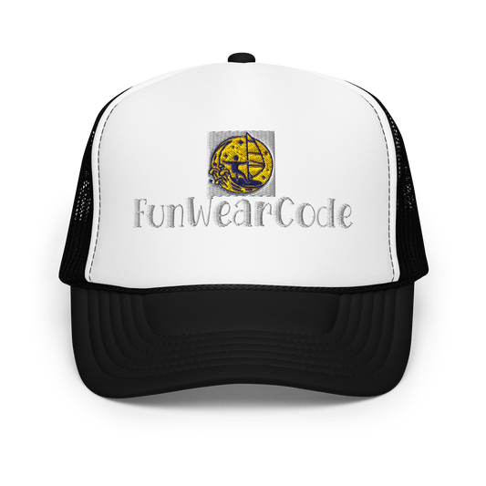 White and black trucker hat with 'FunWearCode' logo on a white background