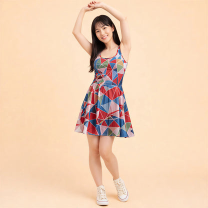 Woman wearing a colorful geometric patterned dress on a beige background