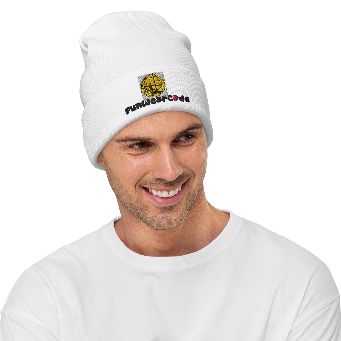 Man wearing a white "FunWearCode" branding beanie with a logo and text on a white background