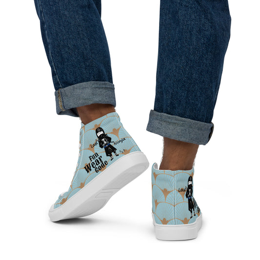 Blue high-top sneakers with a ninja graphic and 'Fun Wear Code' text logo worn with rolled-up jeans on a white background