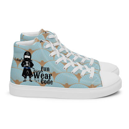 High-top sneaker with a blue and white design featuring "Fun Wear Code" text and ninja graphics on a white background