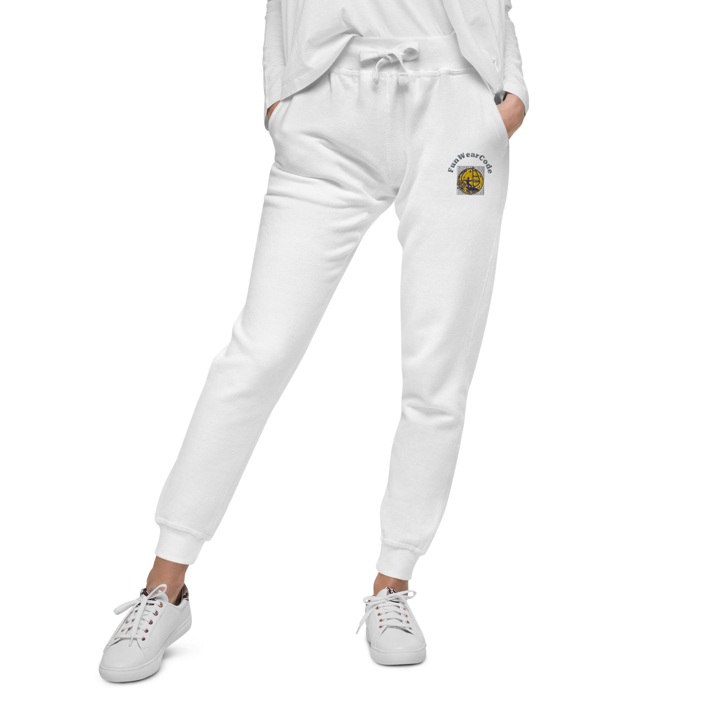 White sweatpants with a 'Fun Wear Code' logo on a white background