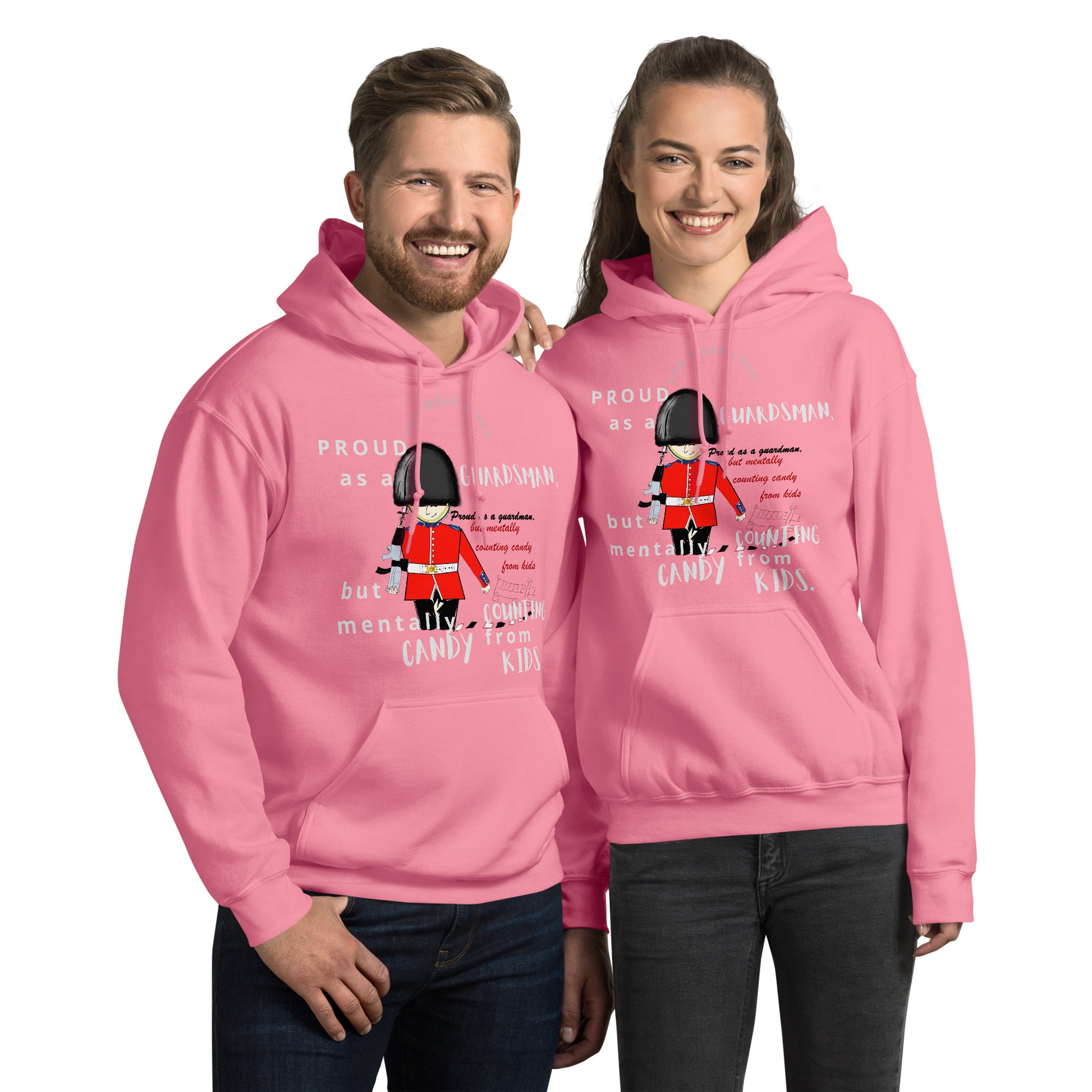 Two people wearing pink hoodies with text and guardsman graphics on a white background