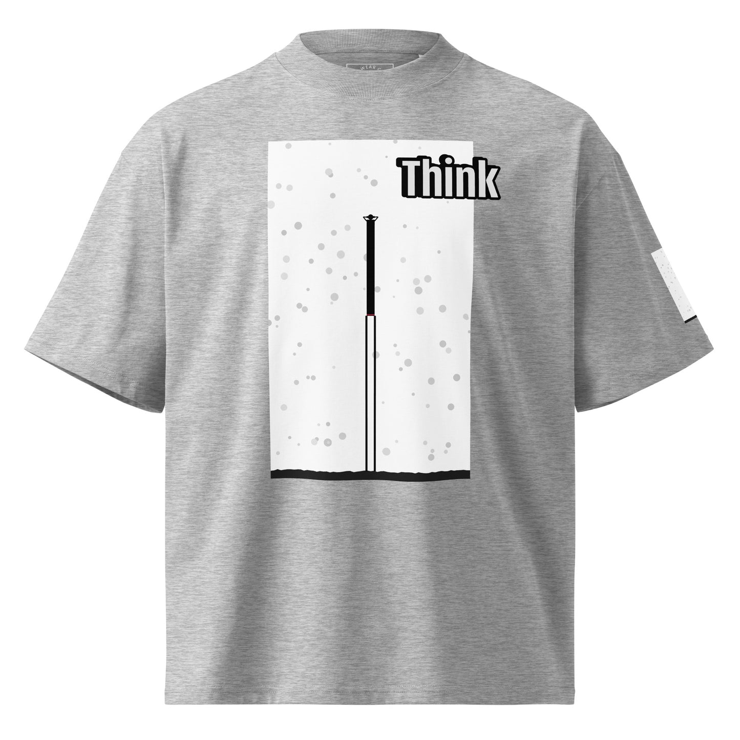 Gray t-shirt with an abstract long-leg human graphic and 'Think' text on a white background