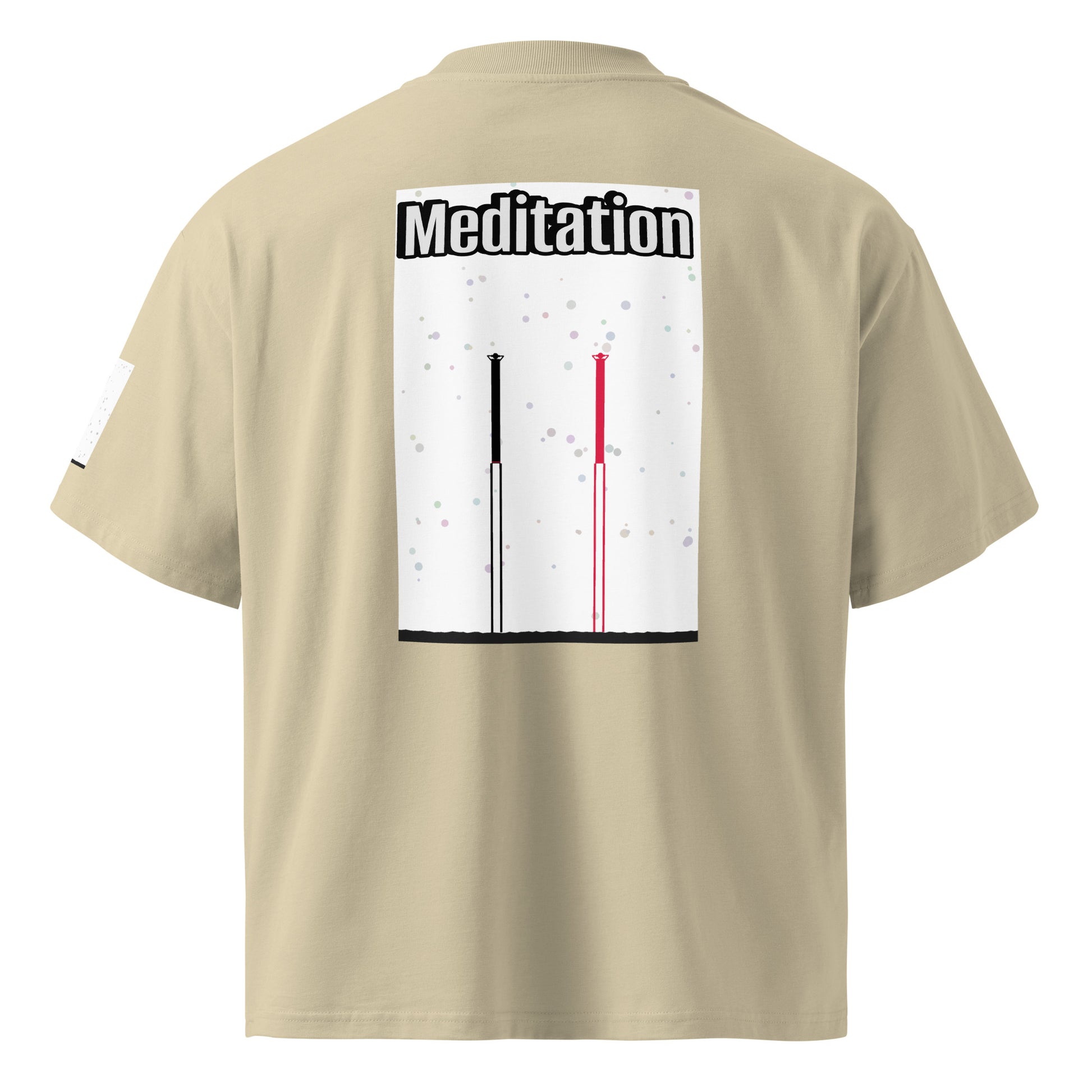 Beige t-shirt with 'Meditation' text on the back against a white background