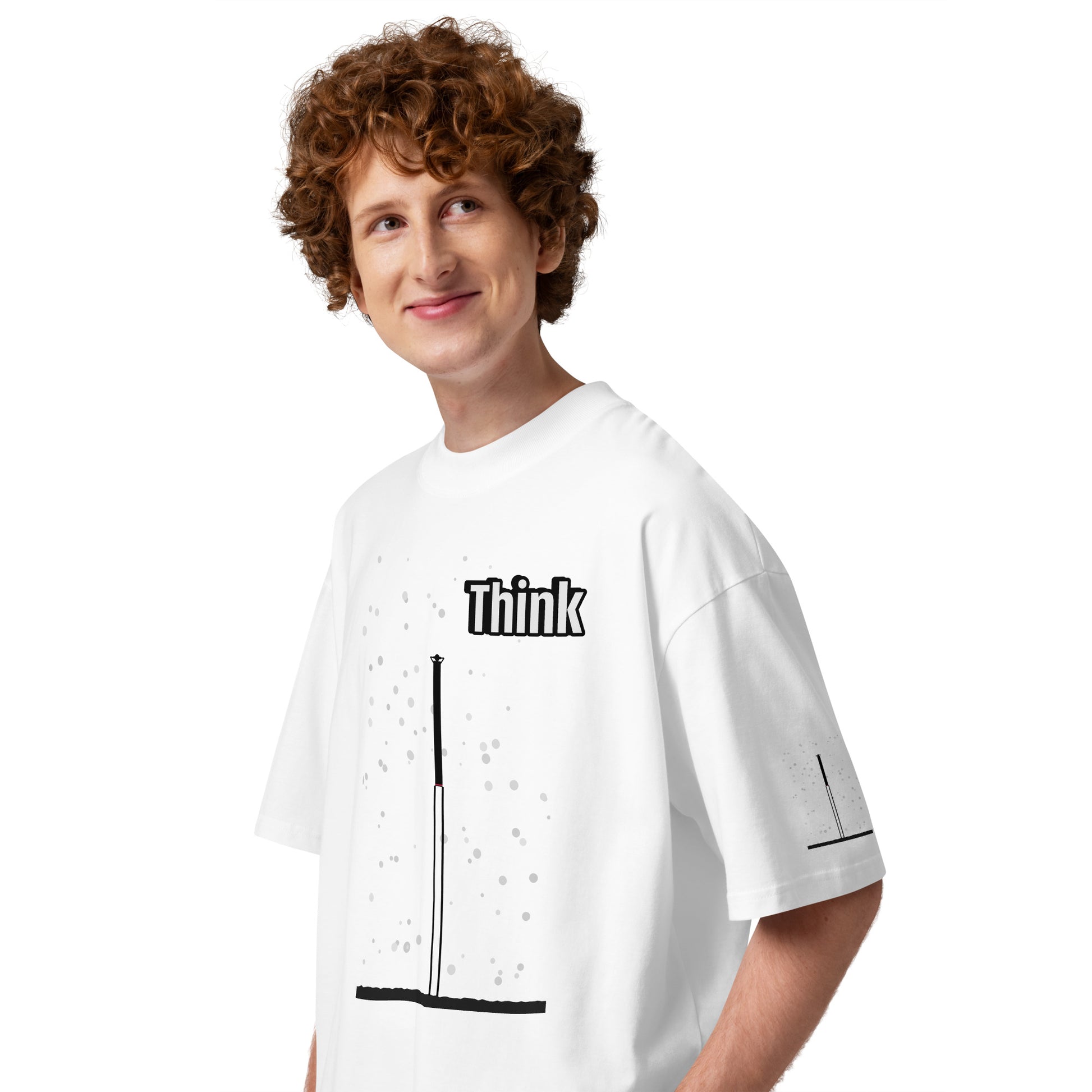 Person wearing a white t-shirt with 'Think' and an abstract long-leg human graphic printed on it against a white background