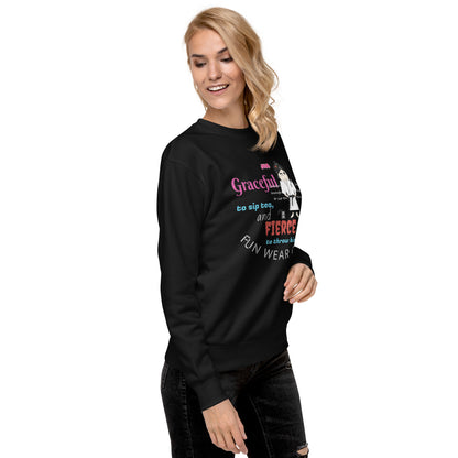 Woman wearing a black sweatshirt with text, a judo lady graphic design and 'Fun Wear Code' text logo on a white background